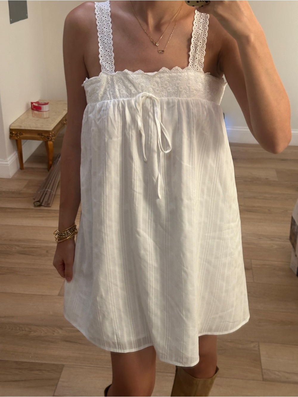 White Eyelet-Trim Mini Dress with Tie Front
